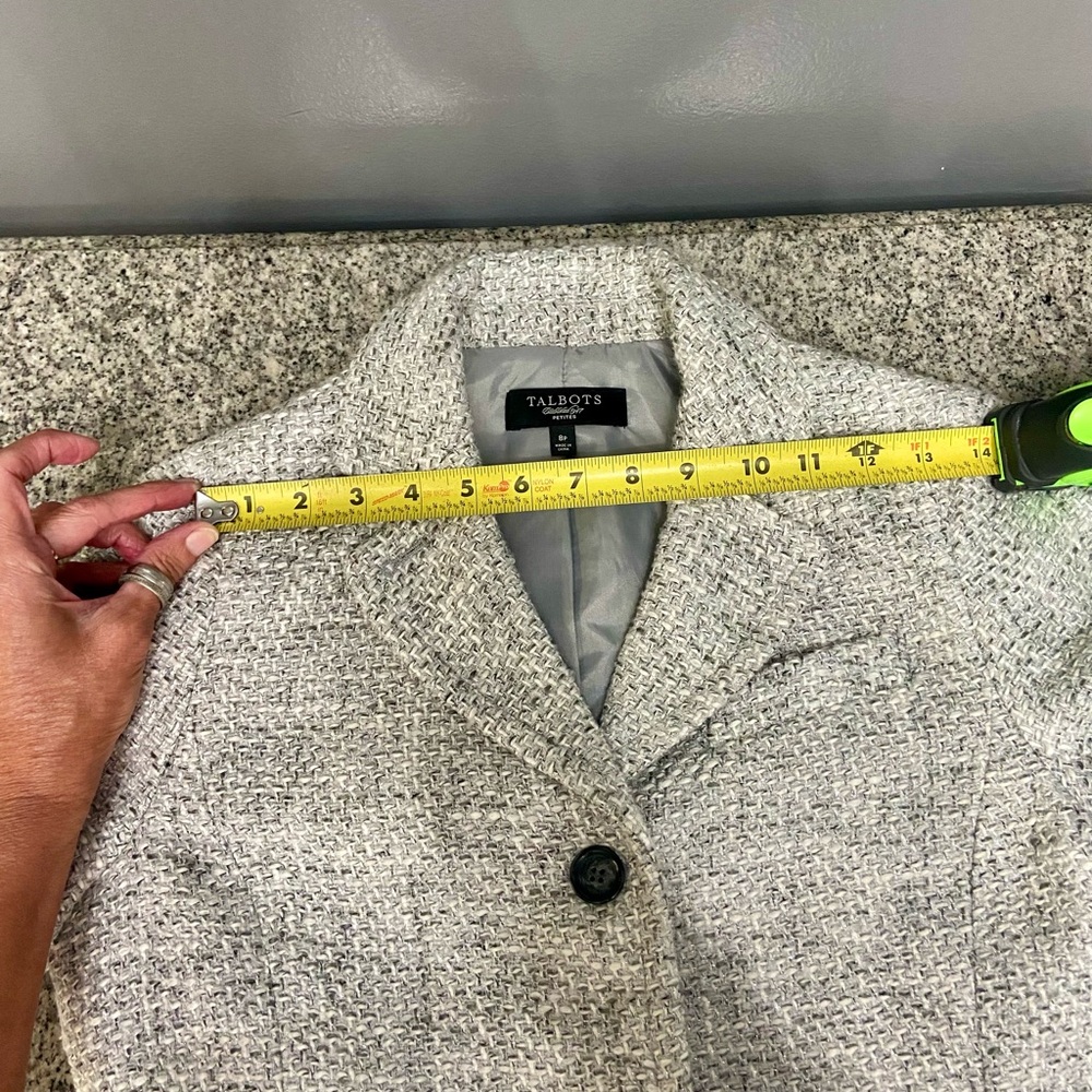 TALBOTS-Cotton Blend Grey White Silver Threads Tweed Coat Womens Petite 8P - Picture 15 of 17